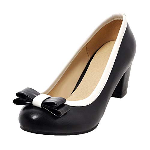 MISSUIT Damen Vintage Rockabilly Schuhe Chunky Heels Pumps mit Blockabsatz und Schleife Retro Runde Zehen(Schwarz,41)