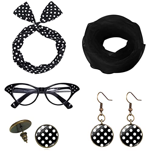 5TLG 50er jahre damen accessoires rockabilly zubehör schwarz mit Chiffon Schal Katzen Auge Brille Polka Dot Bandana...