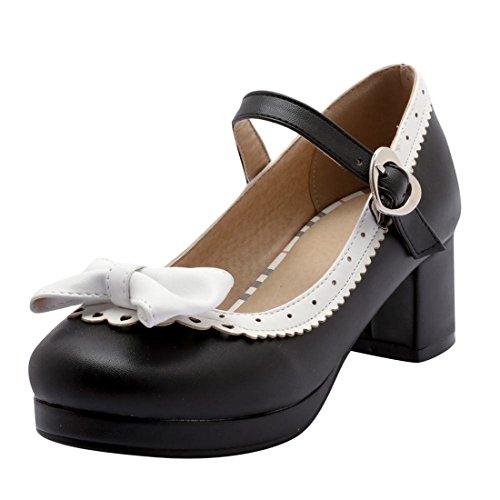 MISSUIT Damen Mary Jane Pumps mit Blockabsatz und Schleife 5cm Absatz Geschlossen Rockabilly Schuhe(Schwarz,41