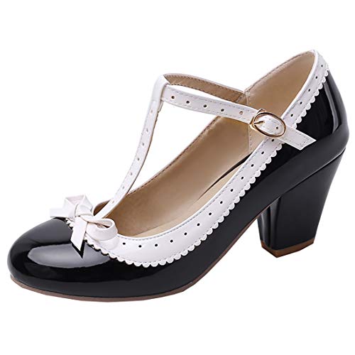 Etebella Damen T Strap High Heels Lack Pumps mit Blockabsatz und Schleife Rockabilly Vintage Schuhe (Schwarz,39)