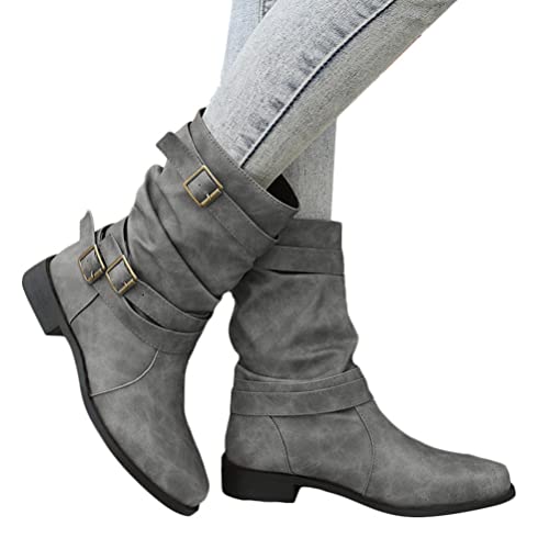 Onsoyours Damen Stiefeletten Biker Boots Stiefel mit Blockabsatz Bequeme Herbst Winter Frauen Schuhe Schnallen A Grau 38...