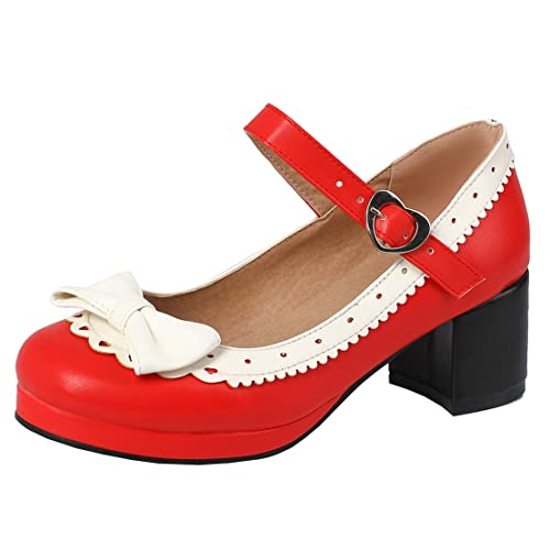MISSUIT Damen Mary Jane Pumps mit Blockabsatz und Schleife 5cm Absatz Geschlossen Rockabilly Schuhe（Rot,41