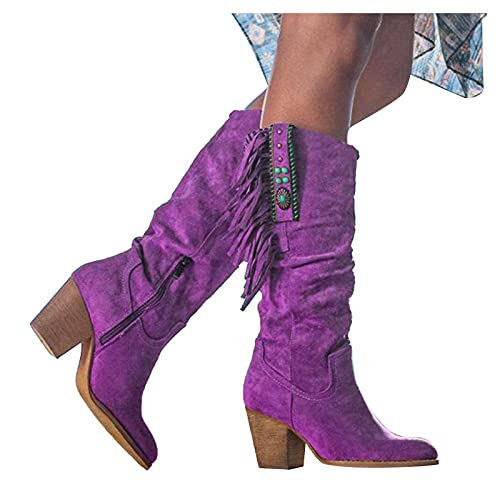 Damen Stiefel mit Absatz Fransenstiefel Kniehohe Stiefeletten Flache Absätze Fransen Warm Cowboy-Stiefel Lange Schuhe...